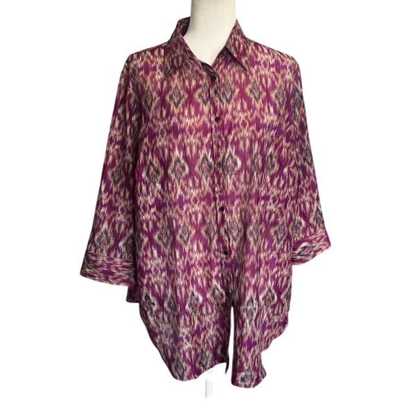 Lauren Ralph Lauren Women’s 1X Button-Down Shirt Purple Ikat Print Cotton Silk - Picture 1 of 6